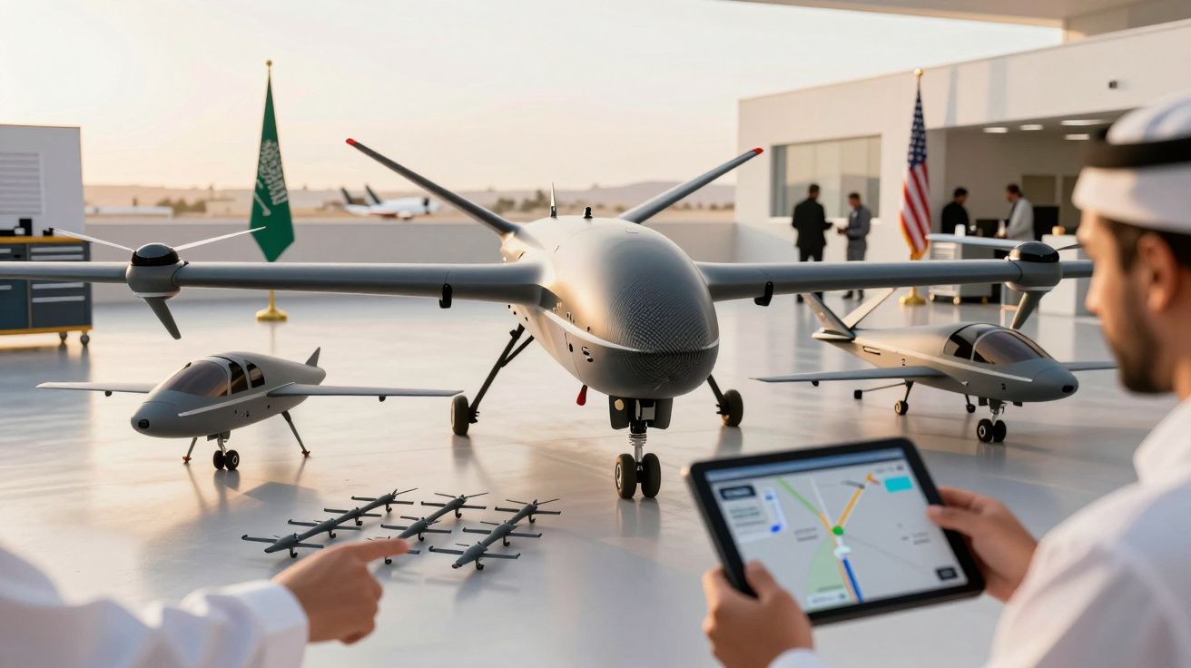 Trzy drony na wystawie na dachu, dwie osoby w tradycyjnych strojach kontrolują je tabletem.