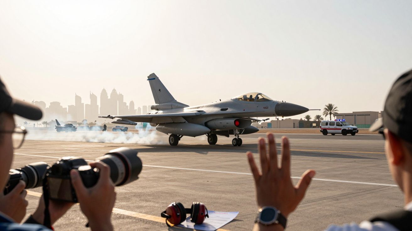 Myśliwiec startuje na lotnisku, w tle miasto; fotografowie robią zdjęcia.
