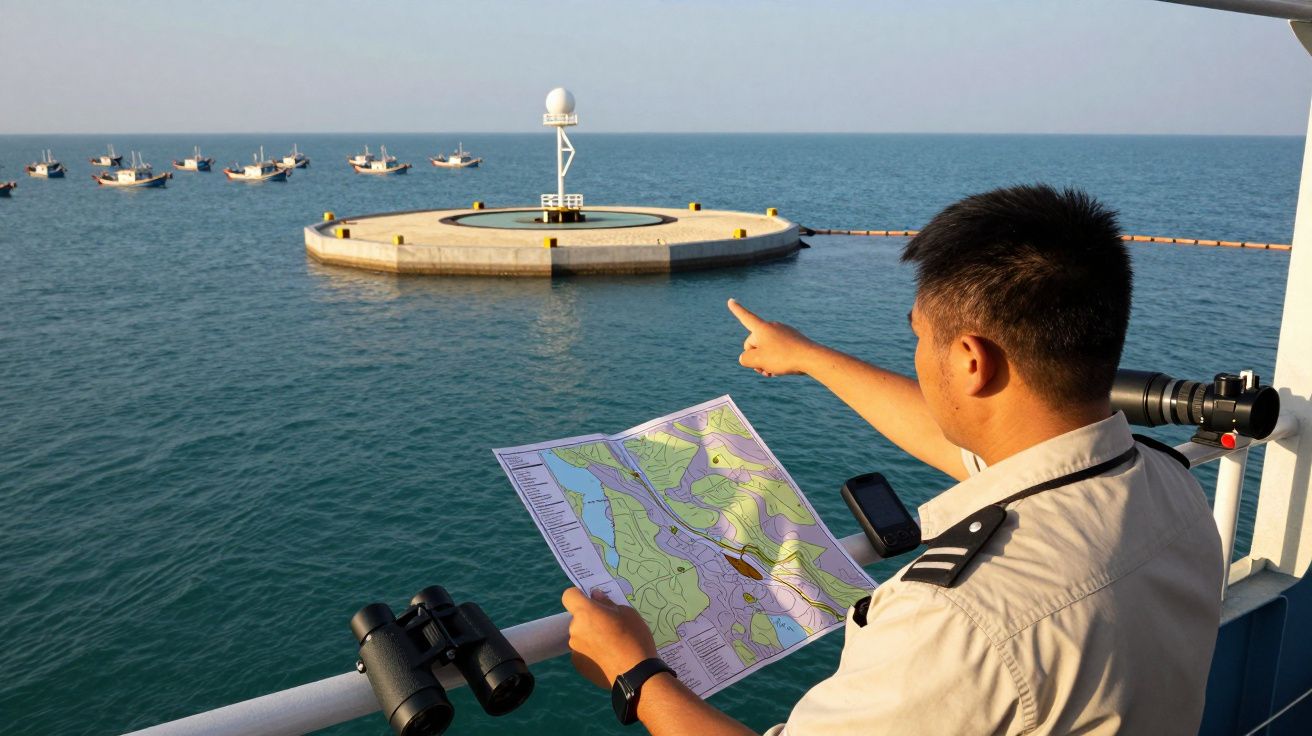 Mężczyzna na statku wskazuje na boję na morzu, trzyma mapę; w tle widać łodzie.