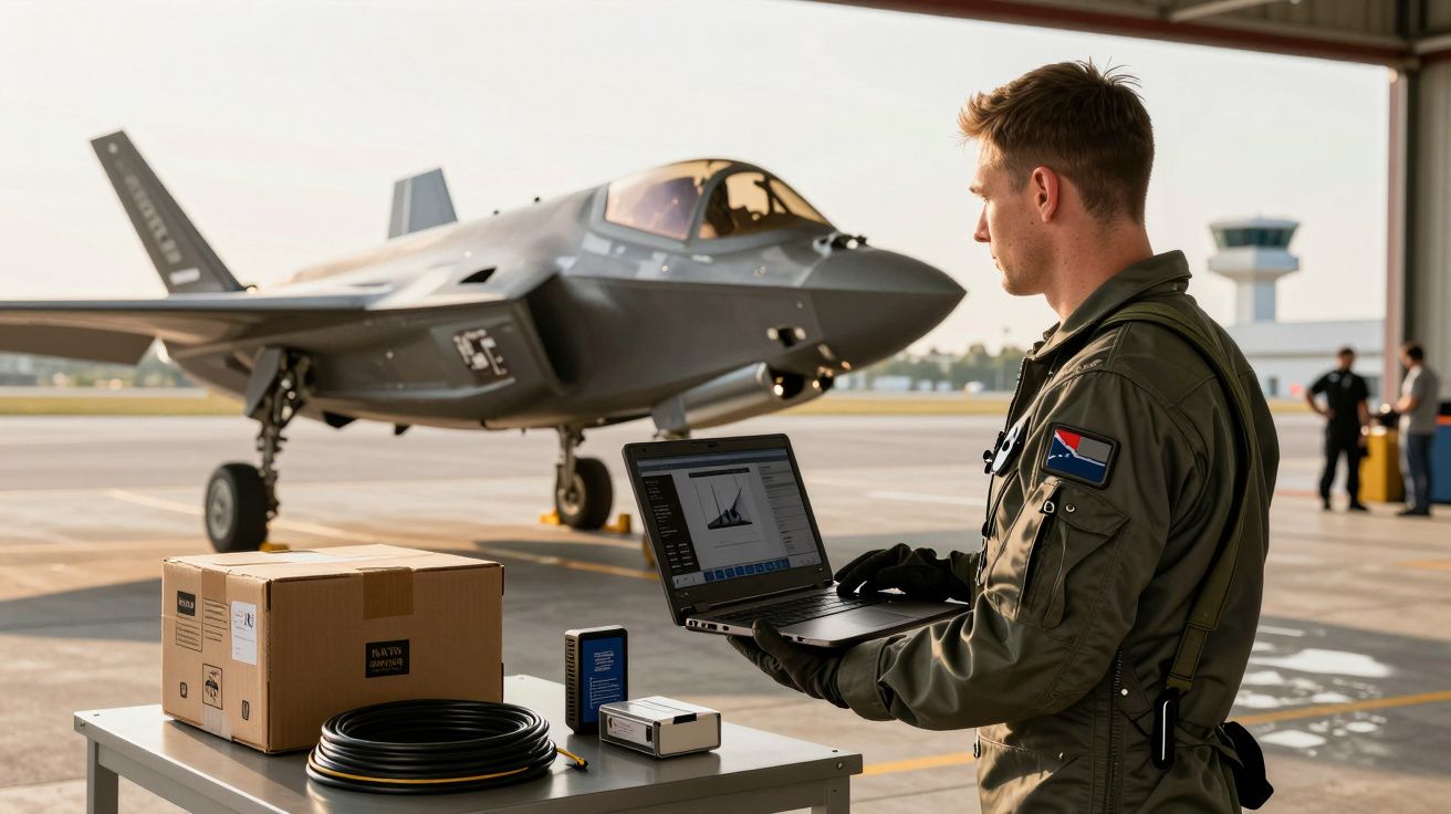 Mężczyzna w mundurze wojskowym pracuje na laptopie przed myśliwcem, na stole stoją pudła oraz sprzęt elektroniczny.
