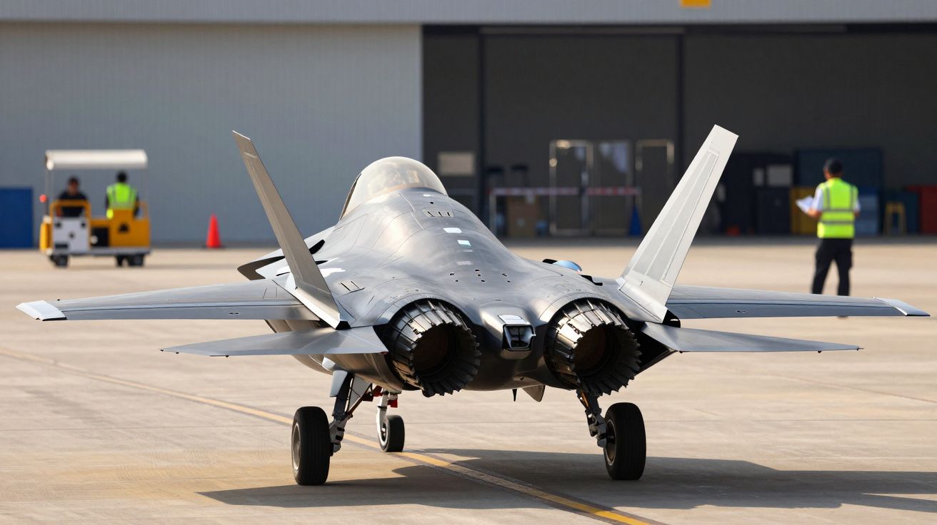 Samolot myśliwski na pasie startowym, w tle pracownicy lotniska i hangar.