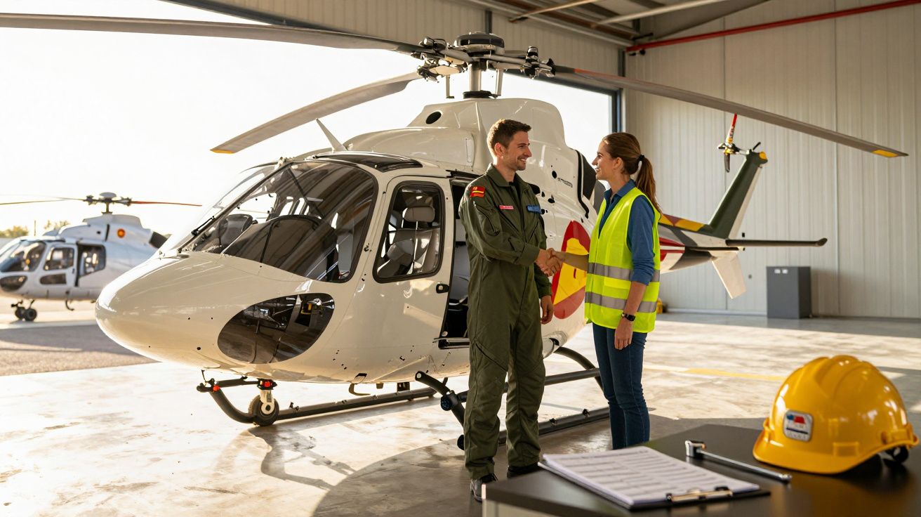 Pilot i pracownik lotniska rozmawiają obok białego helikoptera w hangarze.