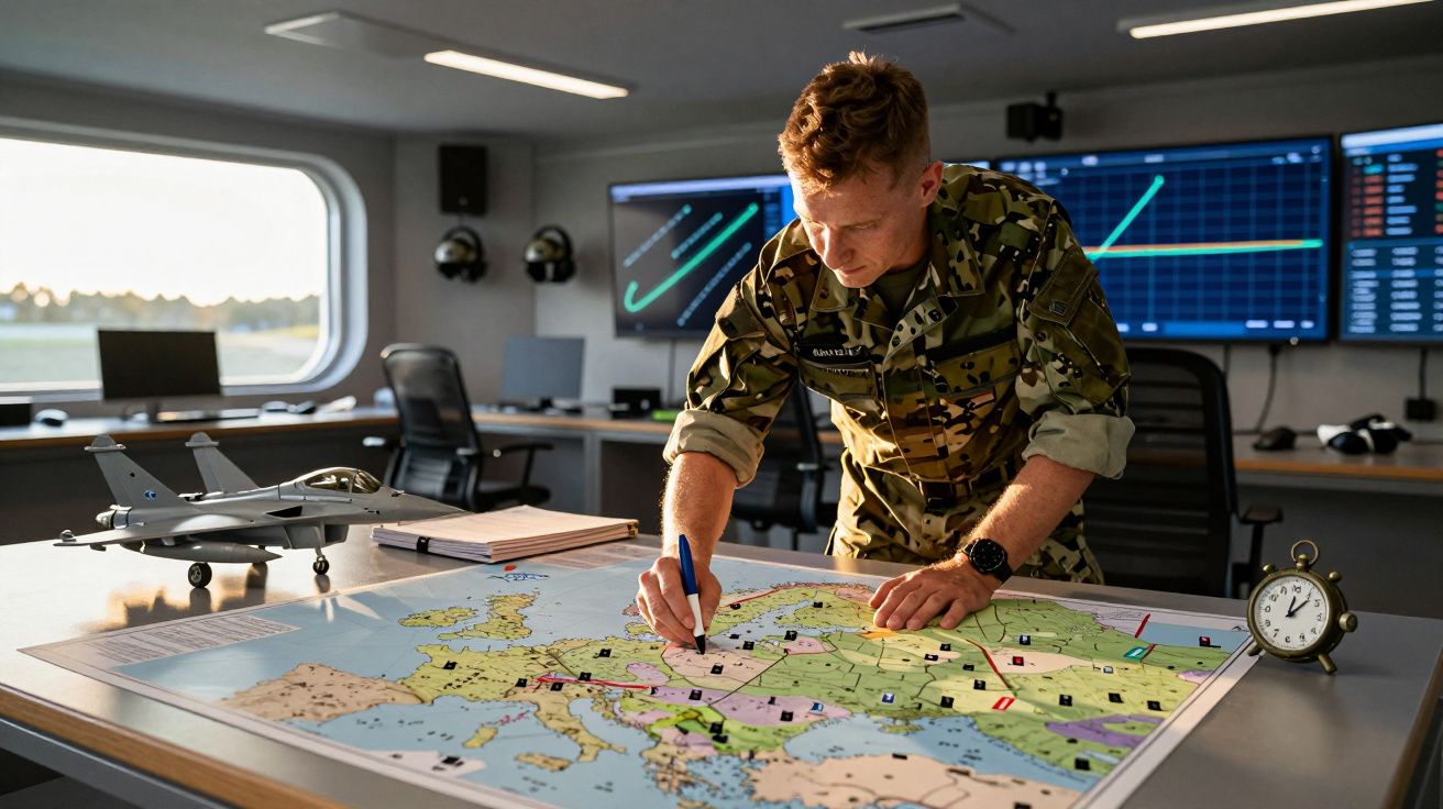 Żołnierz w mundurze pisze po mapie Europy, w otoczeniu sprzętu wojskowego i ekranów z wykresami.