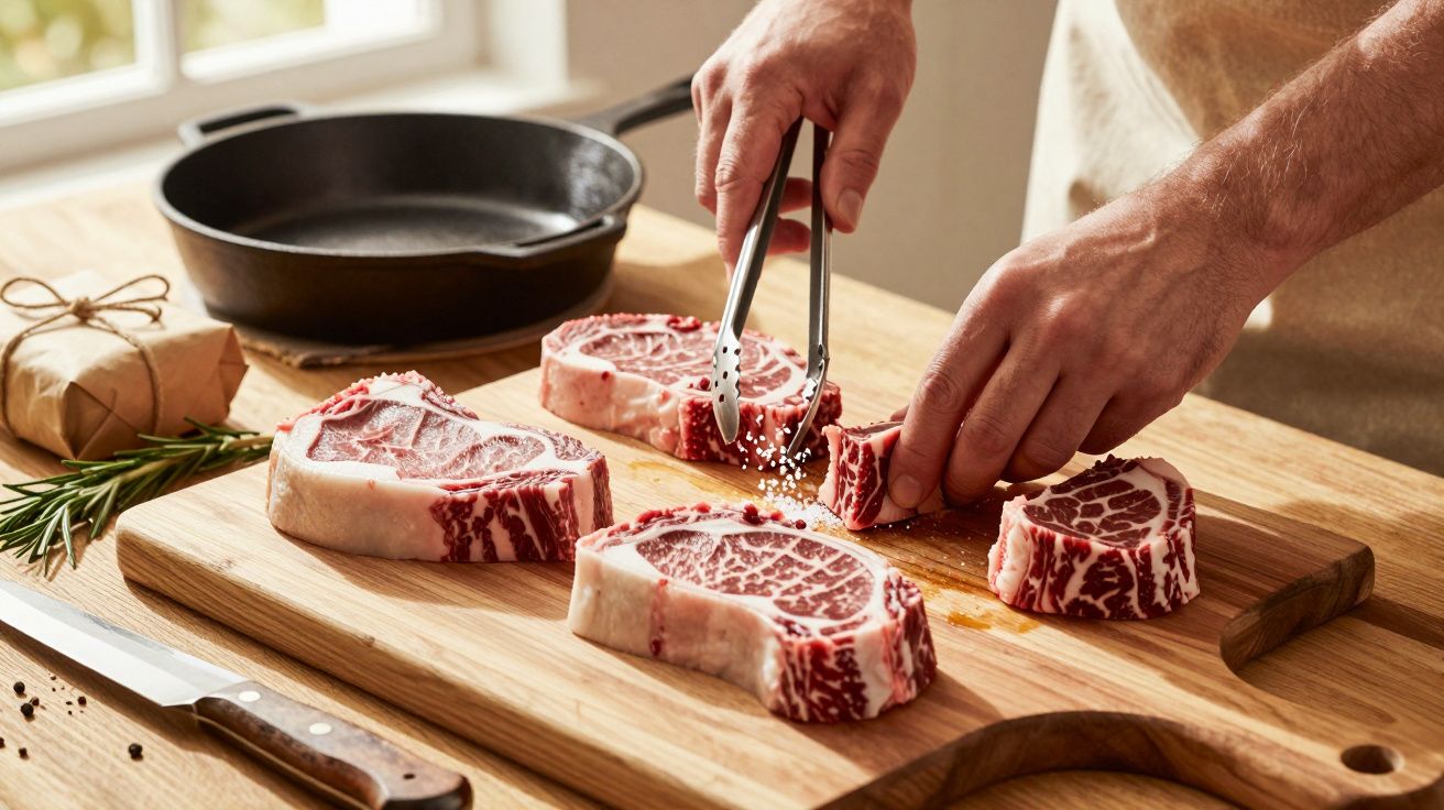 Osoba przyprawia kawałki surowej wołowiny na desce do krojenia obok patelni.
