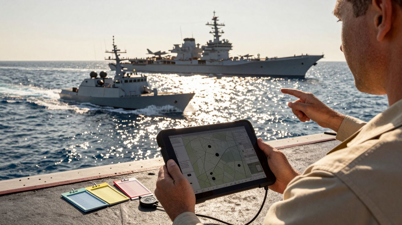 Mężczyzna trzyma tablet na pokładzie statku, na którym widnieje mapa, w tle dwa okręty wojenne na morzu.