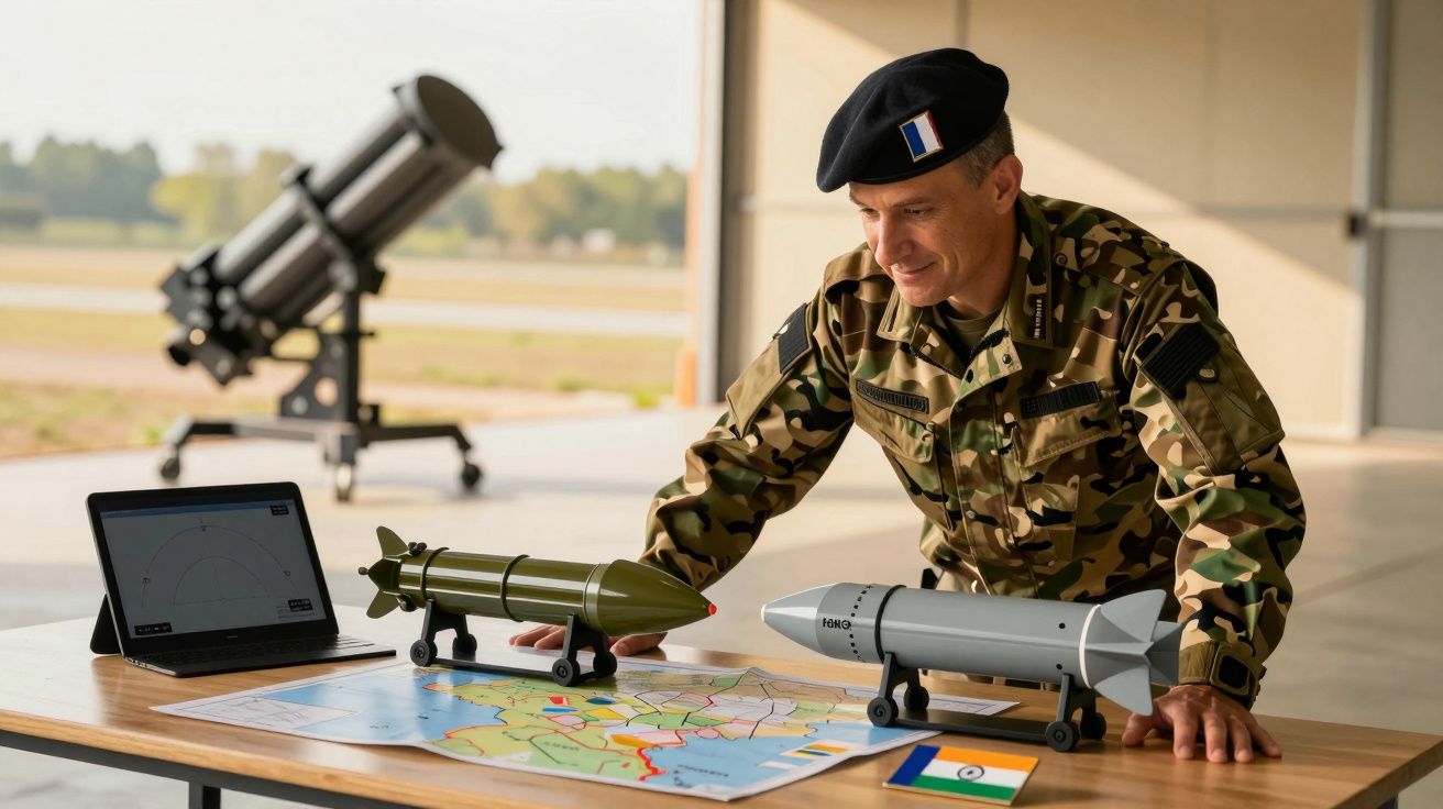 Żołnierz w mundurze kamuflażowym analizuje mapę z modelami rakiet, obok laptop, flaga Indii i wyrzutnia w tle.