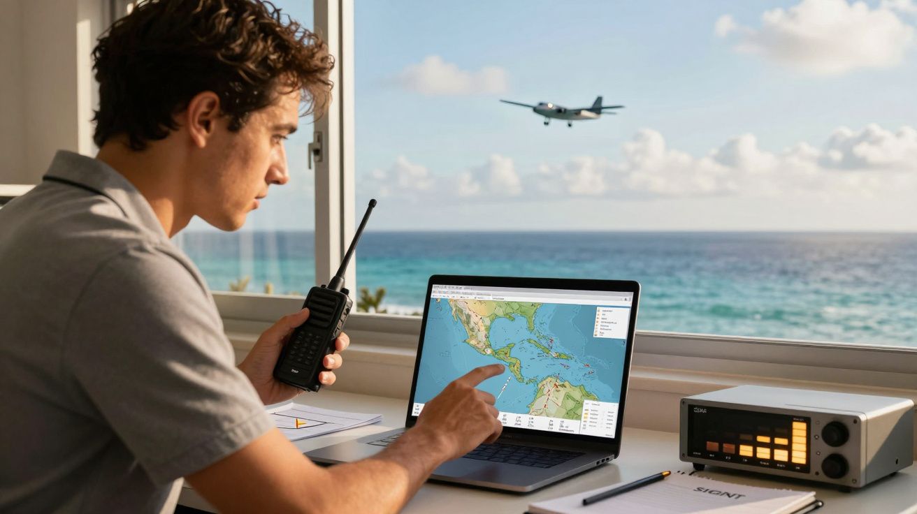 Mężczyzna przy laptopie z mapą, trzyma radio, w tle przelatujący samolot nad oceanem.