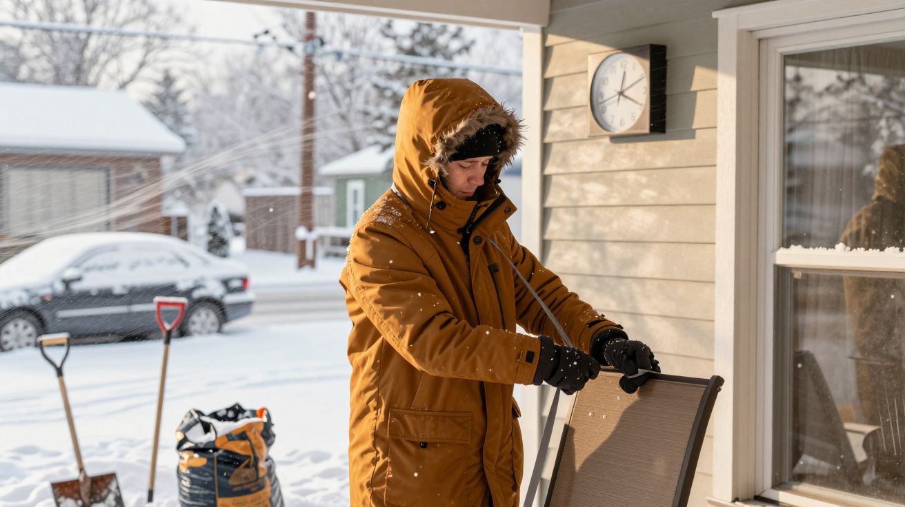Osoba w zimowej kurtce na werandzie przygotowująca krzesło, zima, śnieg na ziemi i w tle samochód.