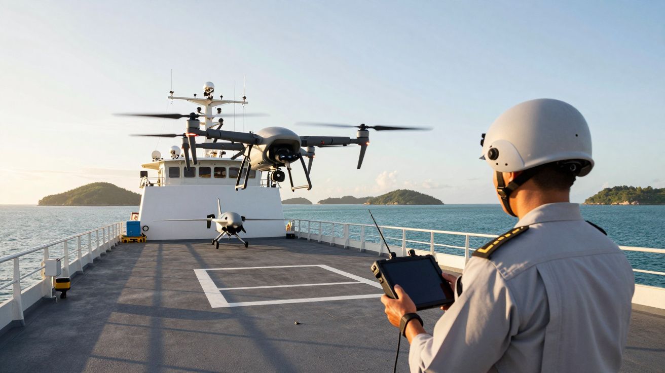 Osoba w hełmie obsługująca drona z pokładu statku na morzu, w tle wyspy.