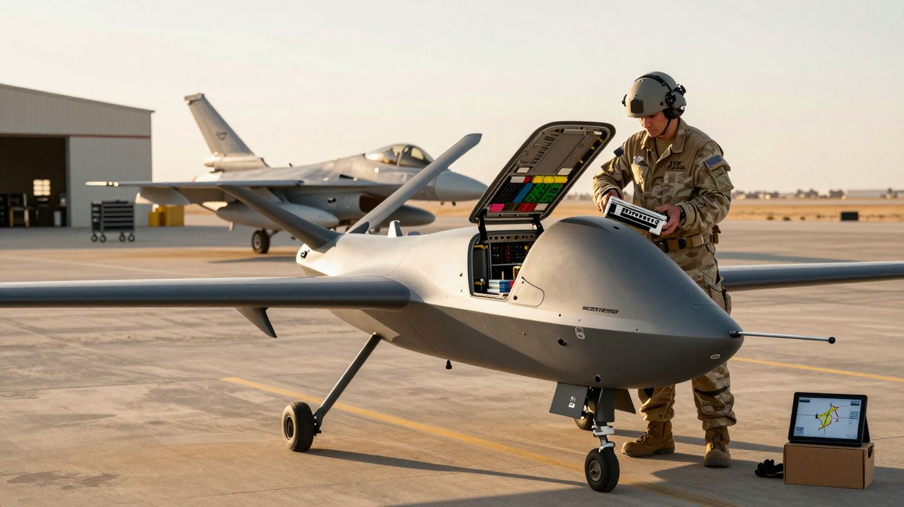 Żołnierz obsługujący drona na płycie lotniska, w tle odrzutowiec bojowy.