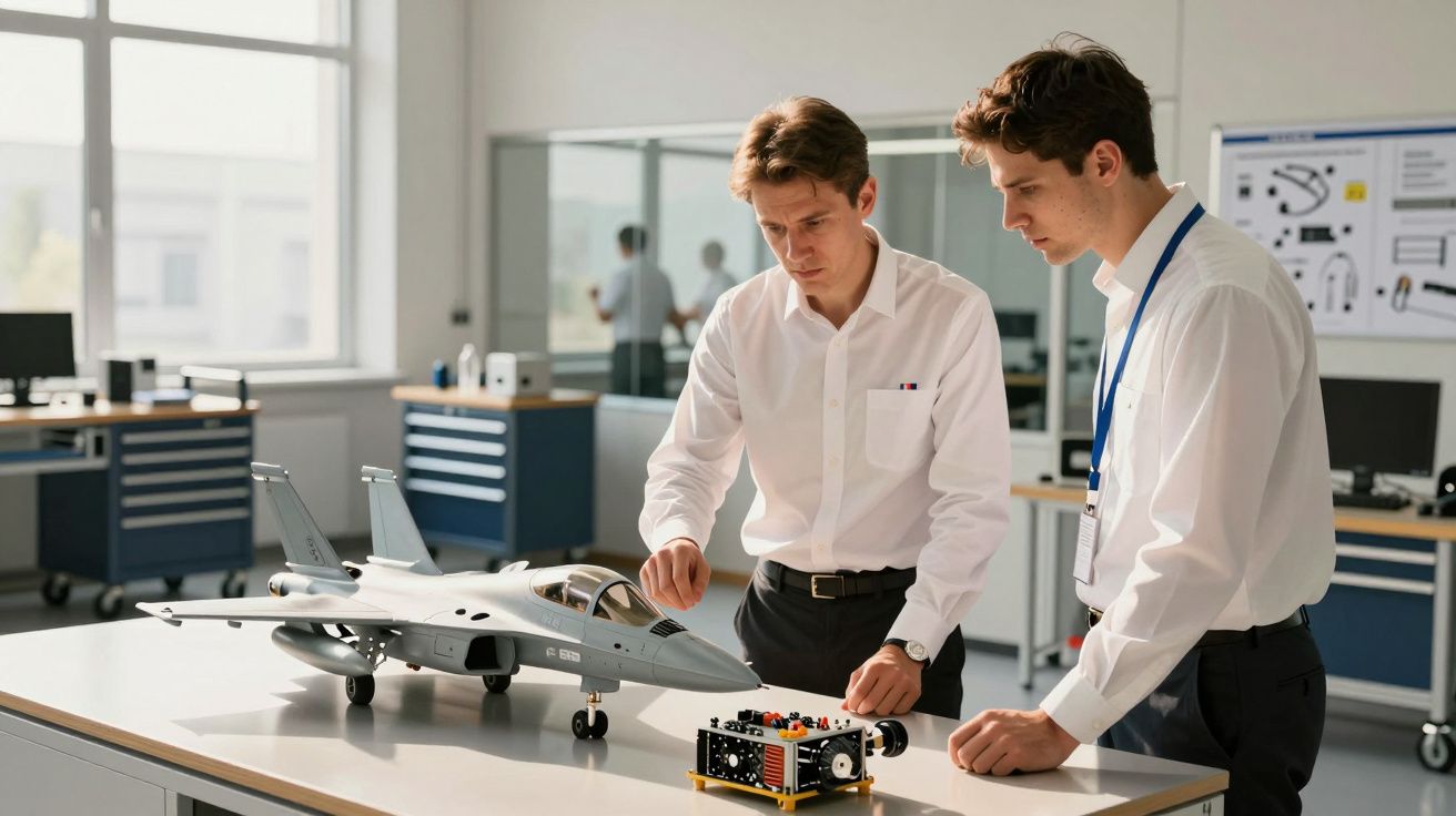 Dwóch mężczyzn w białych koszulach pracuje przy modelu samolotu na stole w nowoczesnym laboratorium.