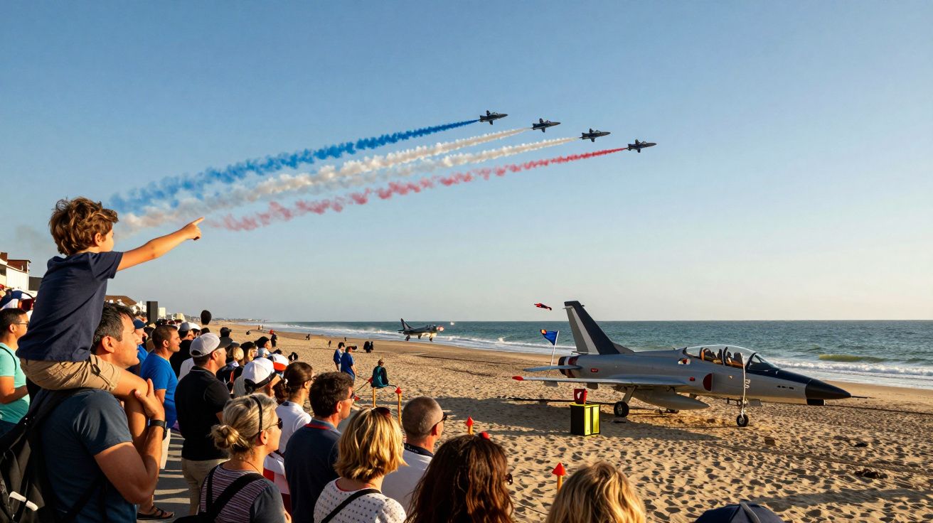 Ludzie na plaży oglądają przelot samolotów wojskowych malujących niebo w barwach flagi Francji.