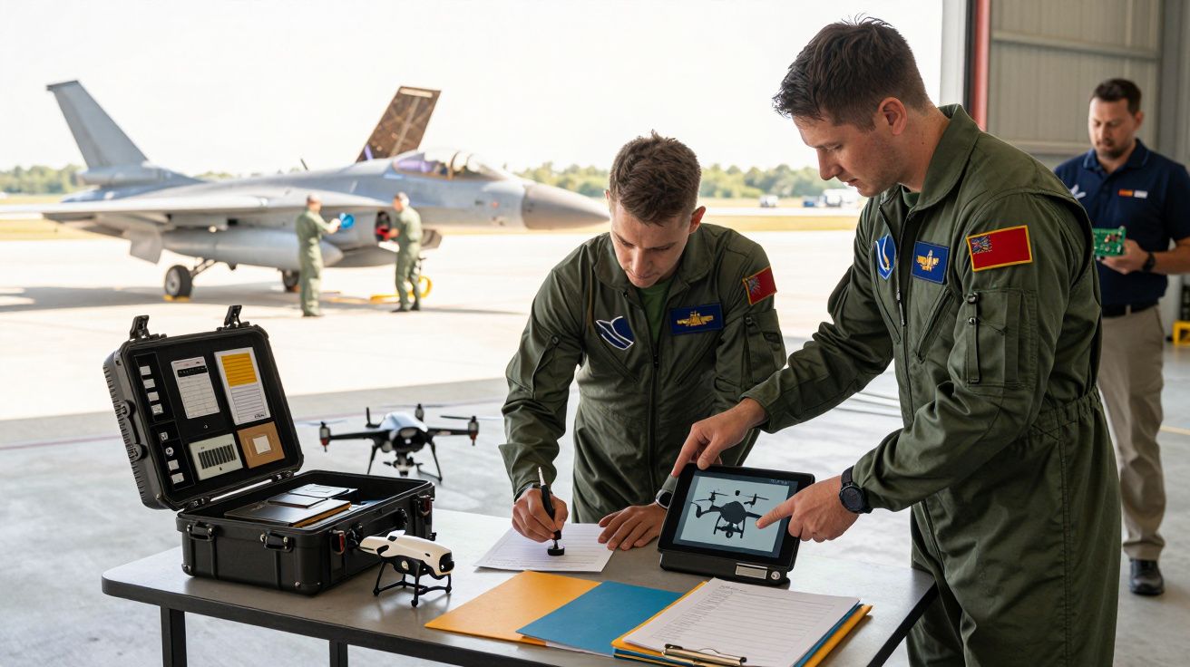 Dwóch pilotów w wojskowych kombinezonach przy stole z tabletem i dronem, w tle stoi samolot myśliwski.