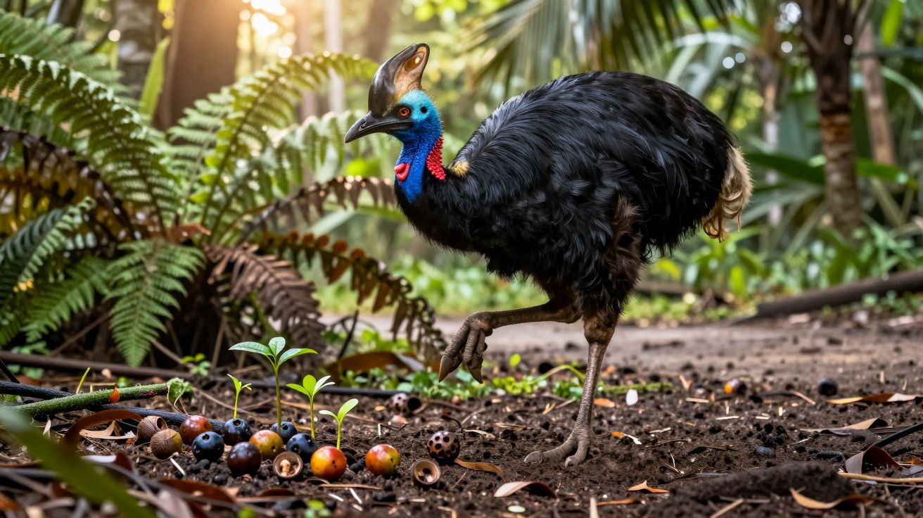 Kazuar w lesie tropikalnym, stoi przy owocach na ziemi, otoczony roślinnością.
