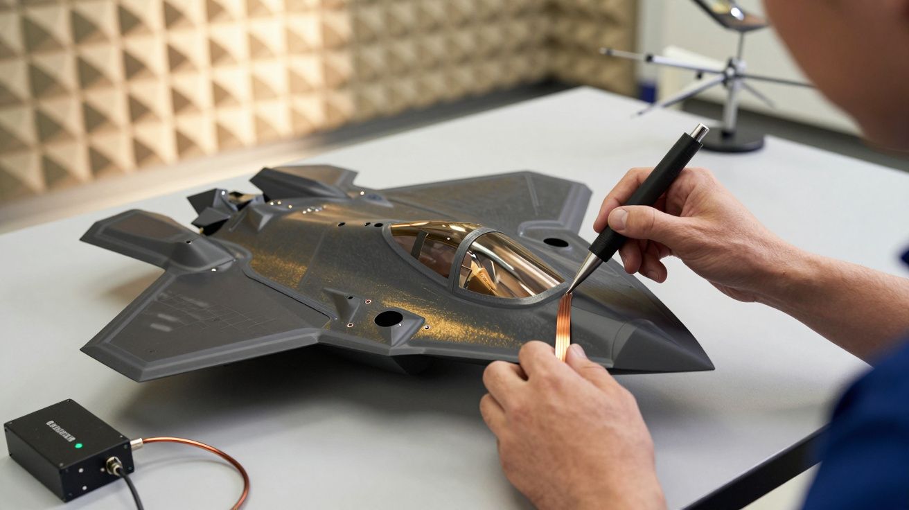 Osoba testująca model samolotu na biurku w labolatorium, używając narzędzia pomiarowego.