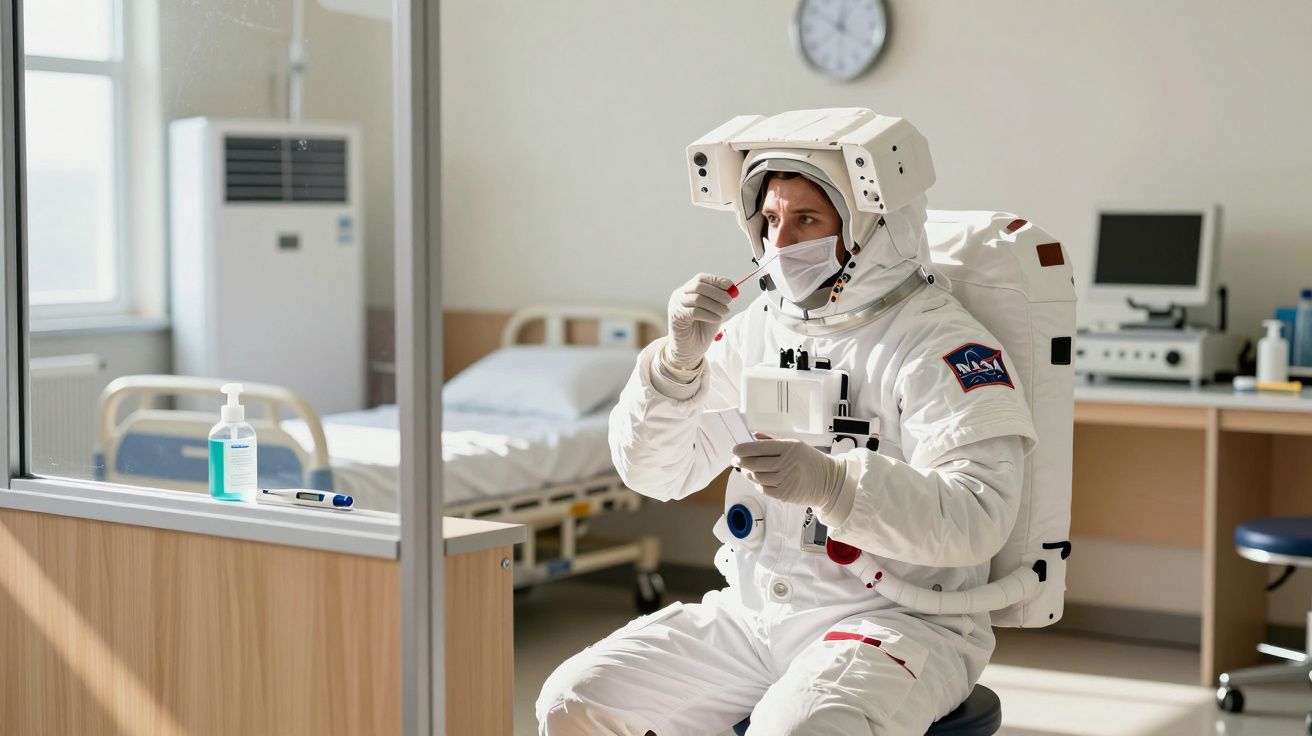 Astronaut w kombinezonie bada próbkę w laboratorium, siedząc na krześle w pobliżu łóżka szpitalnego.