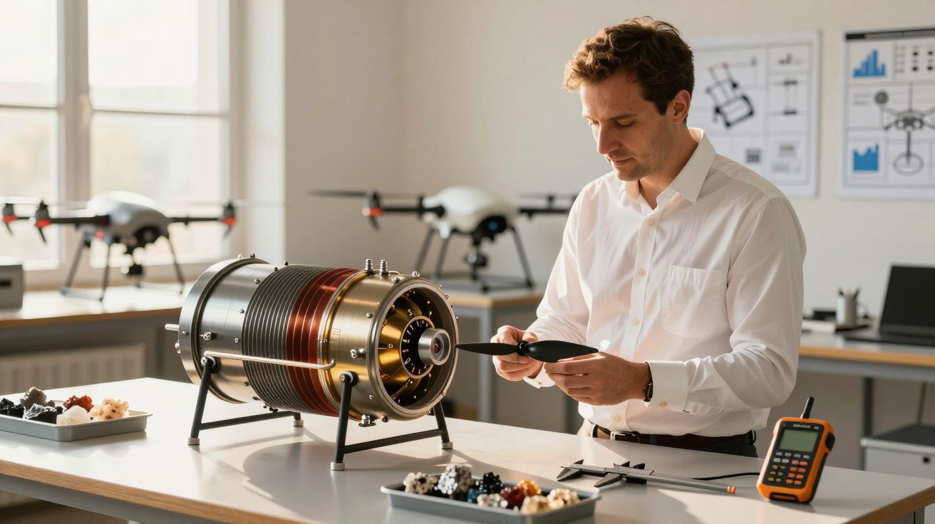 Mężczyzna pracuje w laboratorium z modelami dronów i silnika, analizując element z pomocą urządzeń pomiarowych.