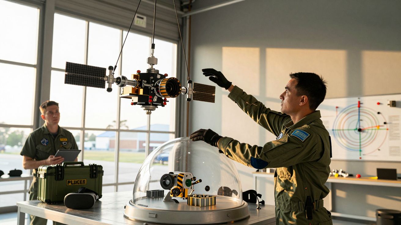 Dwóch mężczyzn w kombinezonach wojskowych pracuje przy modelu satelity w jasnym pomieszczeniu.