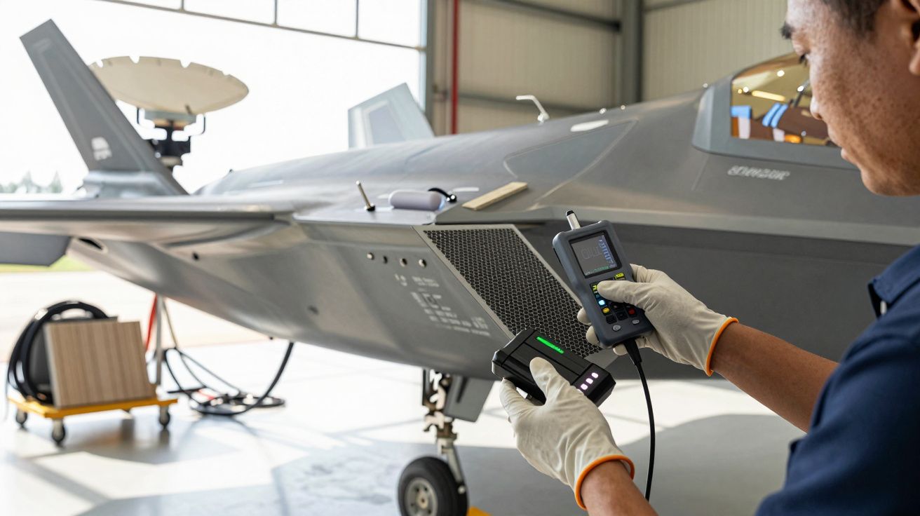 Osoba w rękawiczkach używa urządzenia kontrolnego przy samolocie wojskowym w hangarze.