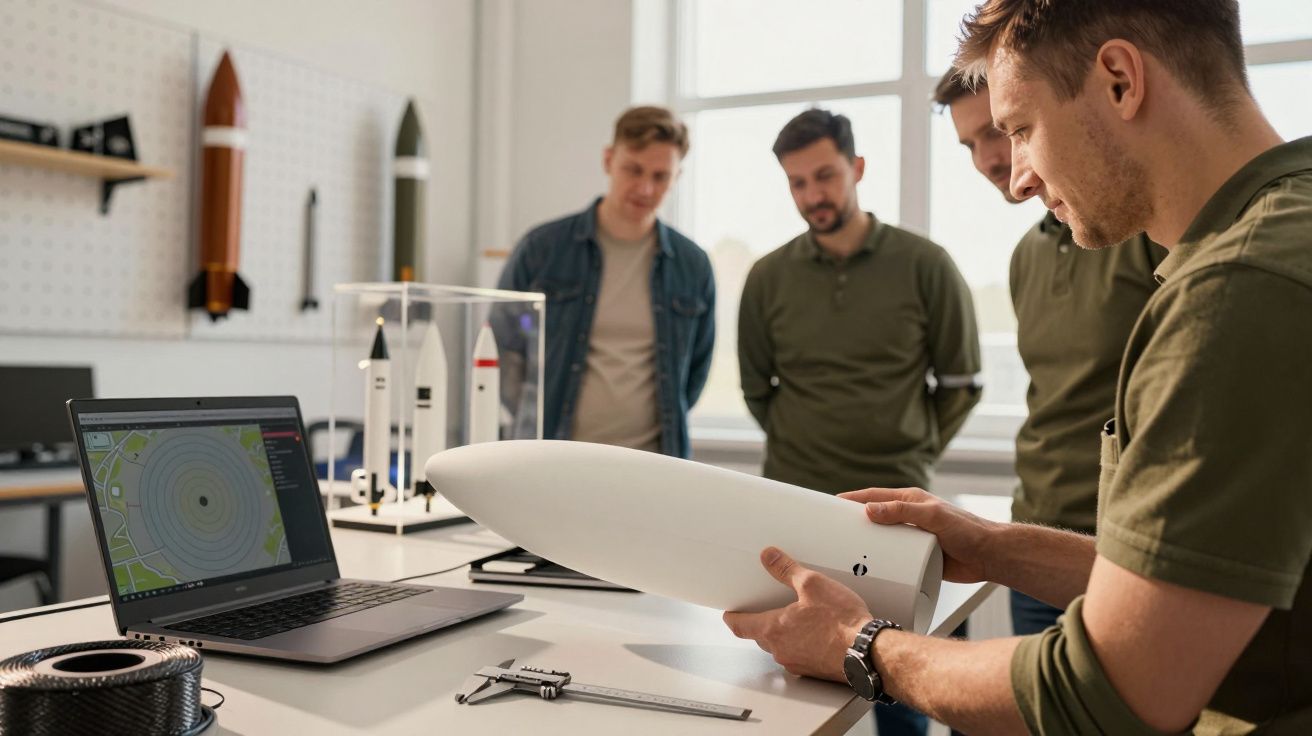 Mężczyzna analizuje model rakiety, obok laptopa z otwartym oprogramowaniem badawczym, a trzech mężczyzn obserwuje.