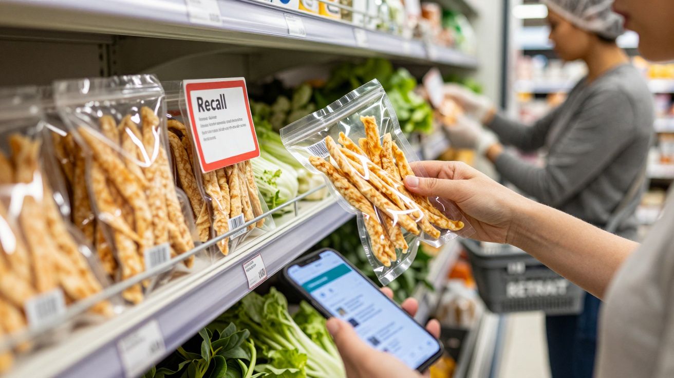 Osoba trzyma paczkę przekąsek w sklepie, patrząc na telefon. Obok znak o wycofaniu produktu z rynku.