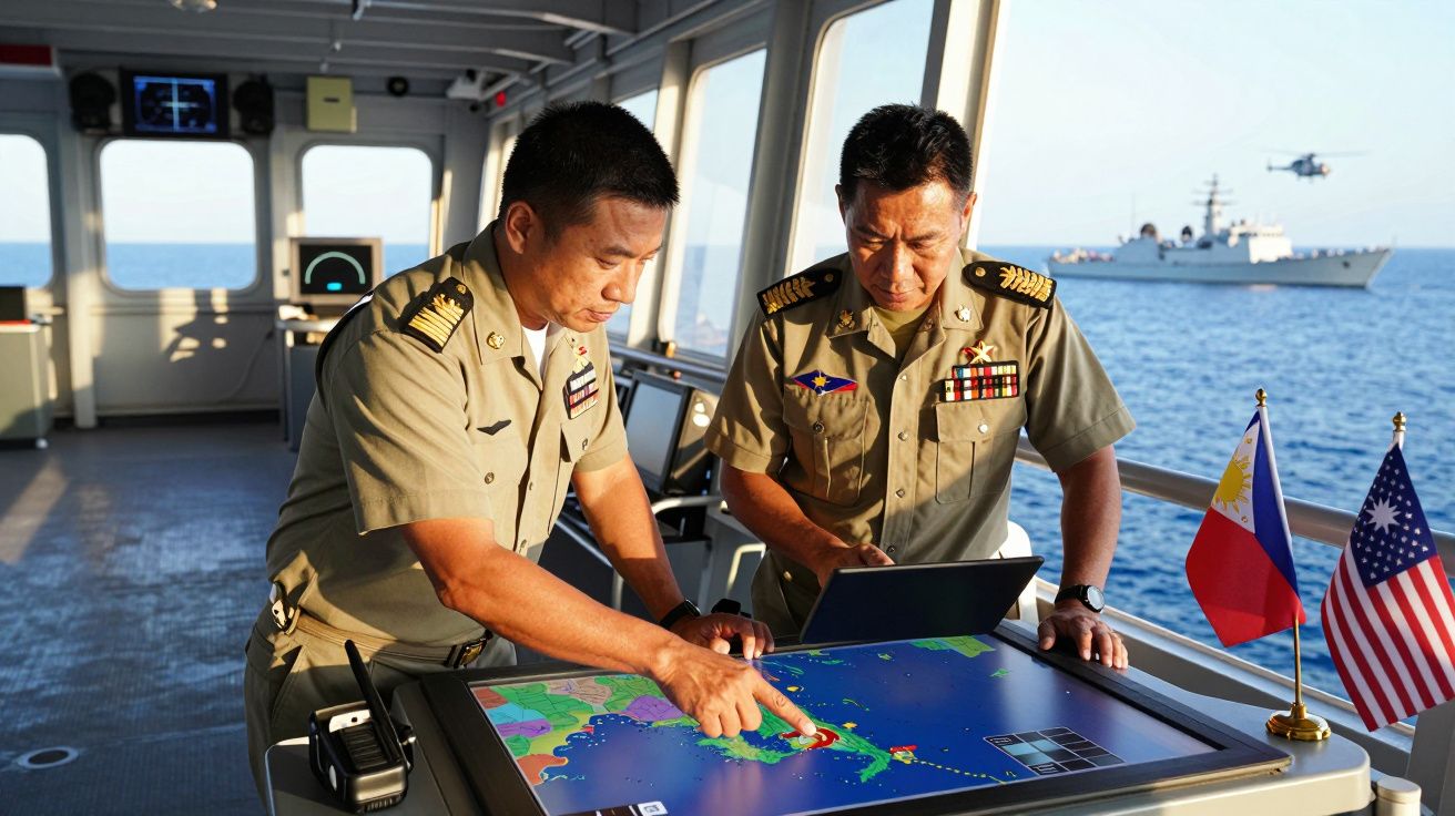 Dwóch oficerów nawigacyjnych na mostku statku analizuje mapę na ekranie dotykowym, w tle ocean i okręty.