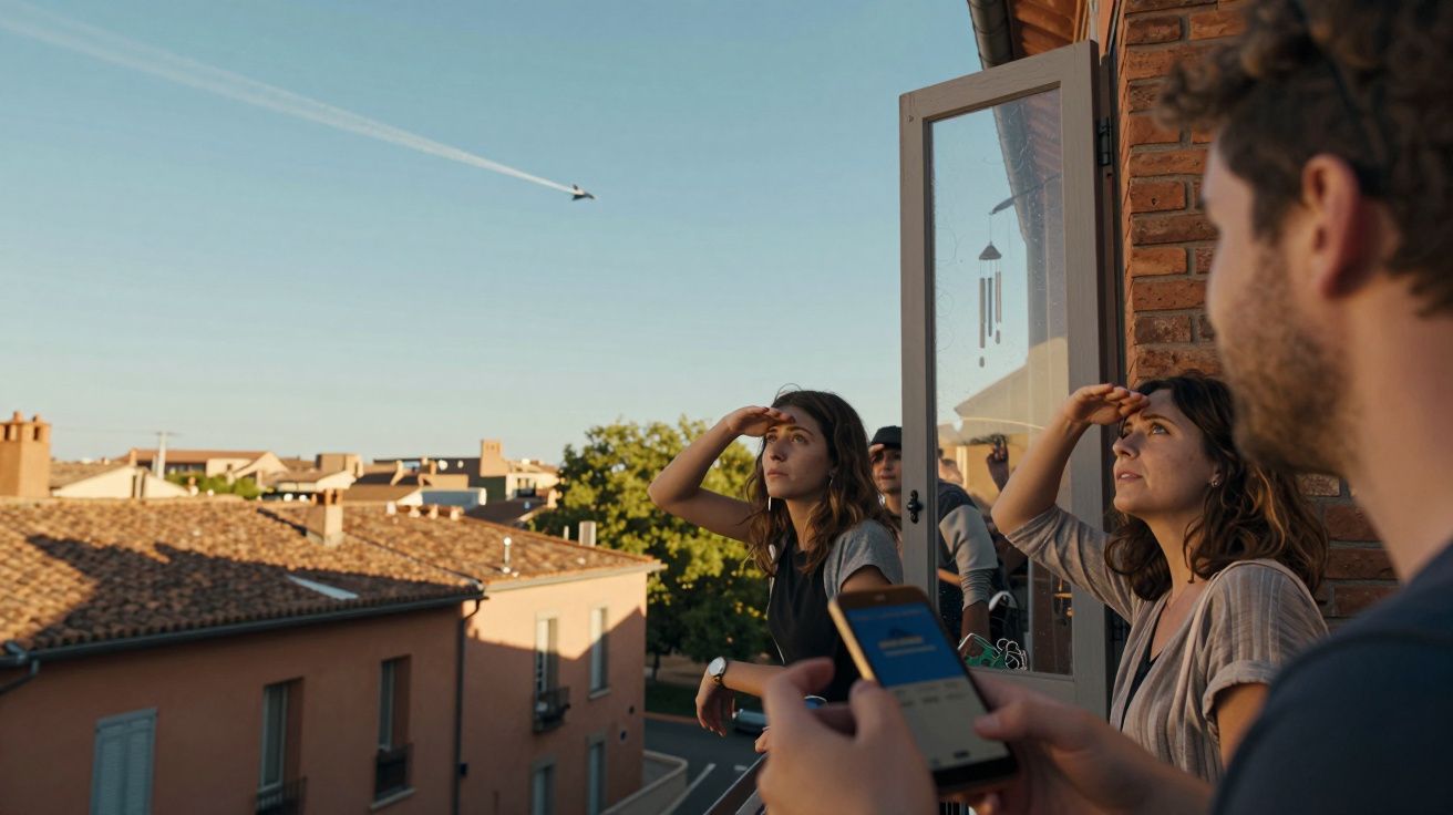 Osoby na balkonie patrzą na przelatujący samolot na niebie, jedna z nich trzyma telefon.