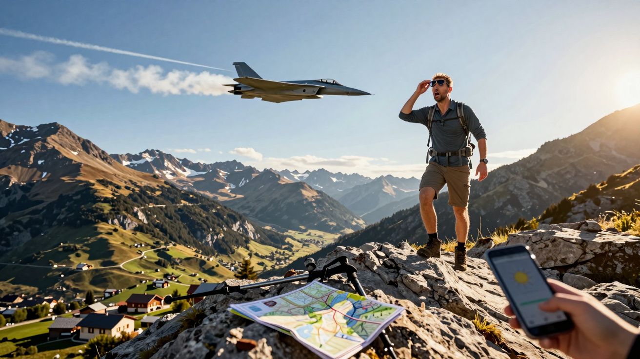 Mężczyzna na szlaku górskim z mapą, patrzy na przelatujący myśliwiec, w tle alpejski krajobraz.