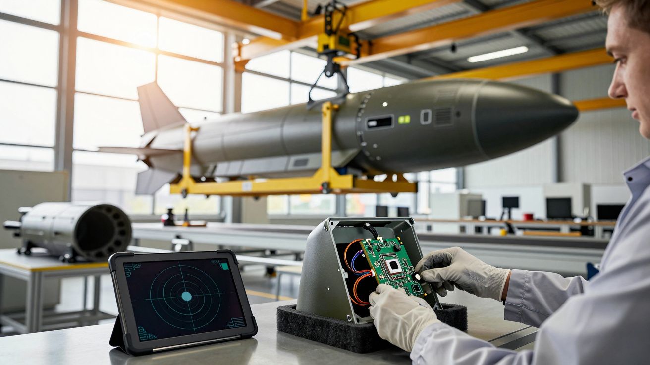 Technik pracujący nad elektroniką w laboratorium, w tle rakieta i tablet z radarem.