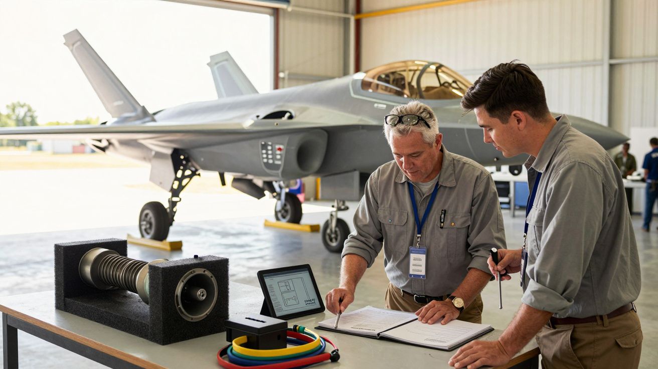 Dwóch mężczyzn pracuje przy stole w hangarze lotniczym, obok nowoczesny myśliwiec.