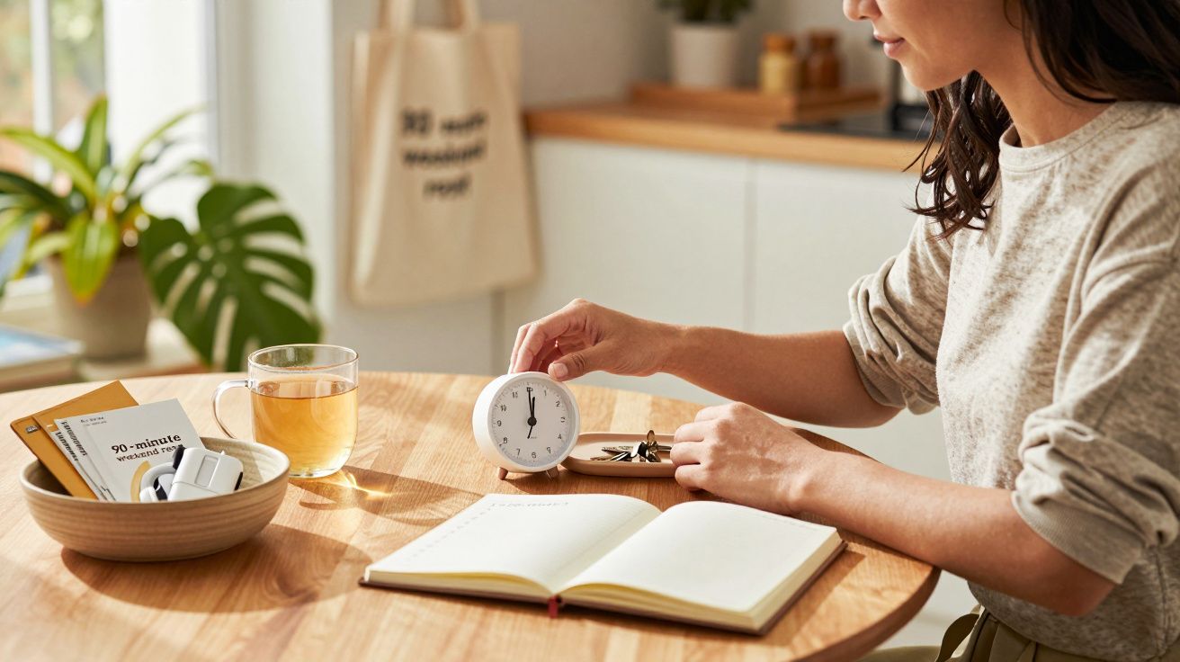 Kobieta przy stole trzyma zegar, obok zeszyt, klucze i filiżanka herbaty, jasno oświetlone wnętrze.