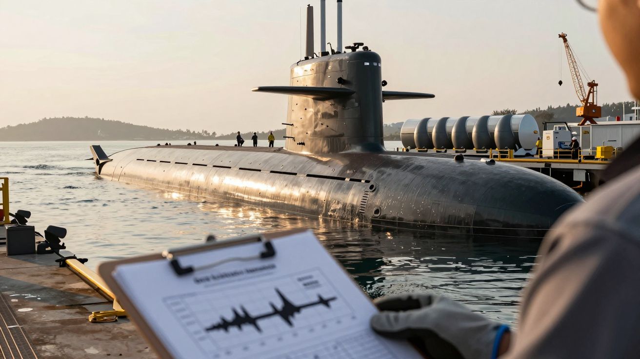 Mężczyzna z notatnikiem w ręku obserwuje okręt podwodny przy nabrzeżu; ludzie stoją na pokładzie.