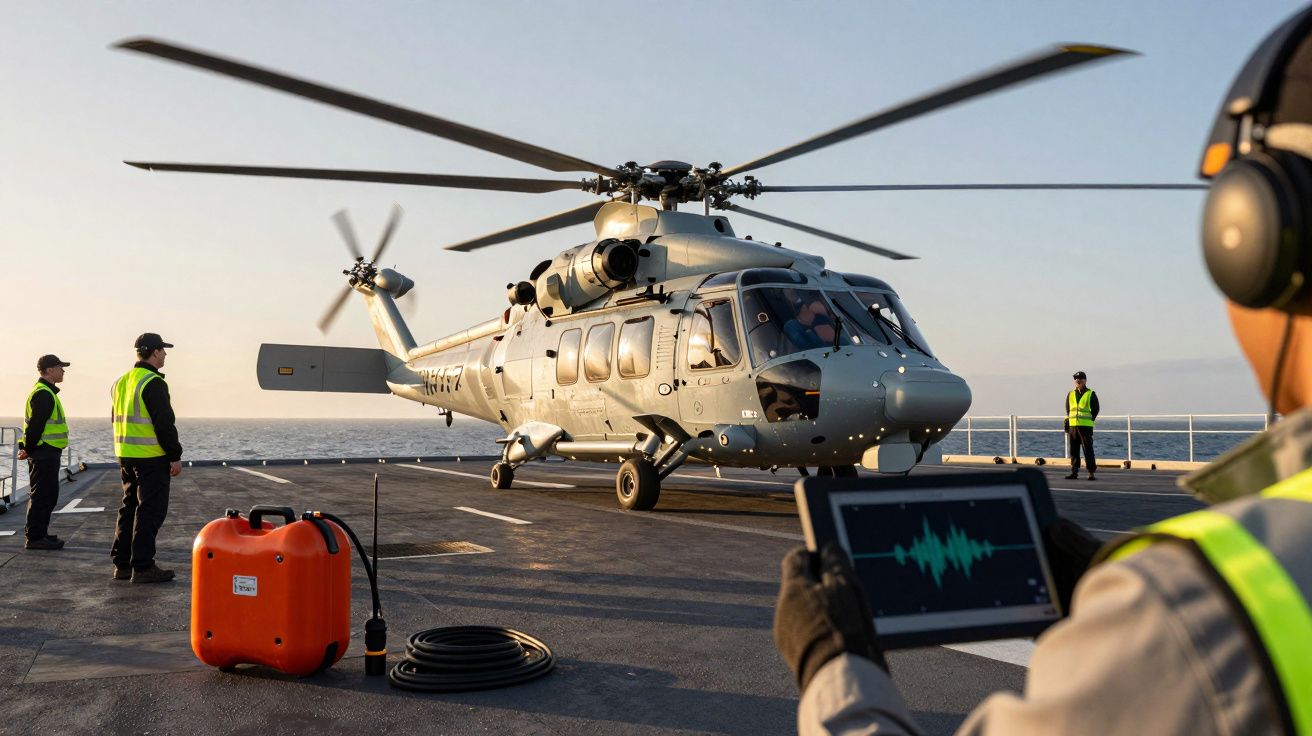 Śmigłowiec lądujący na pokładzie statku, otoczony przez pracowników w kamizelkach odblaskowych, jeden trzyma tablet.