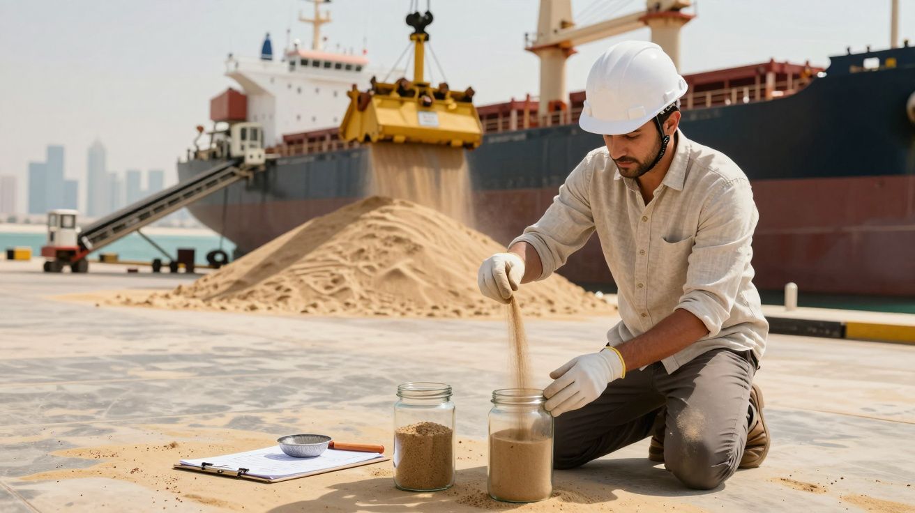Mężczyzna w kasku bada próbki piasku na nabrzeżu z kontenerowcem w tle.