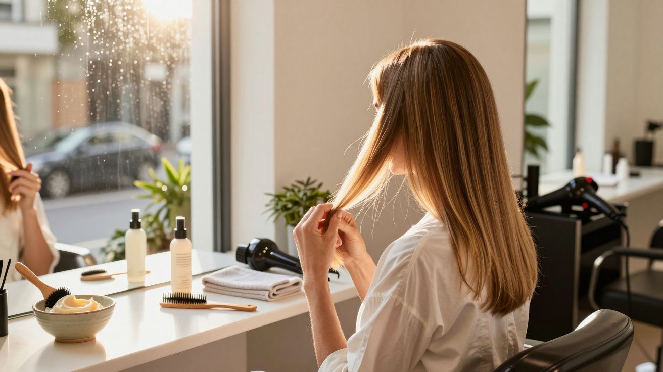 Kobieta w salonie fryzjerskim siedzi przy lustrze, trzymając kosmyk włosów. Obok leżą kosmetyki do włosów.