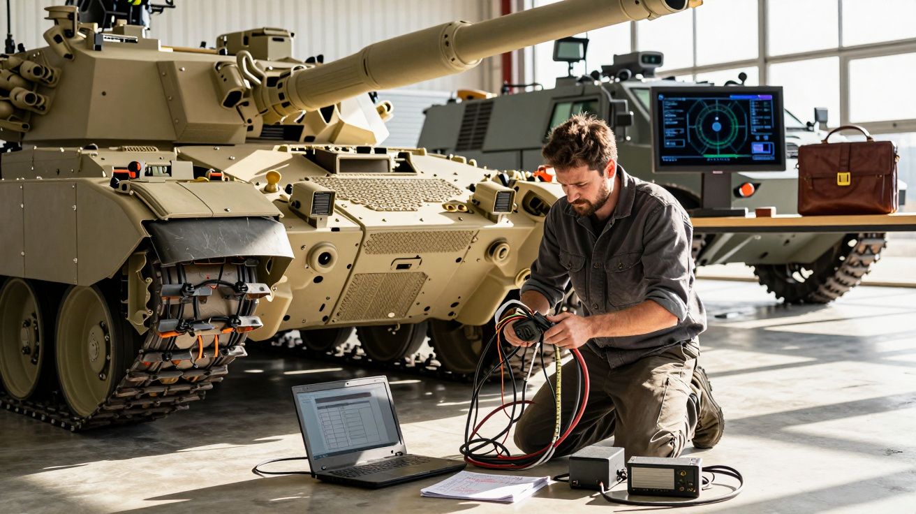 Mężczyzna pracujący z laptopem i kablami przy czołgu w hali warsztatowej.