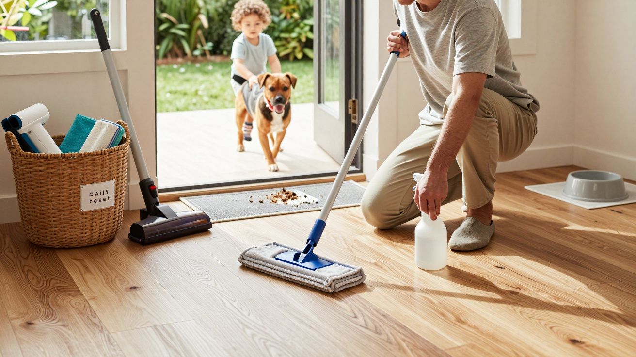 Mężczyzna czyszczący drewnianą podłogę mopem, dziecko i pies wchodzą przez otwarte drzwi na zewnątrz.