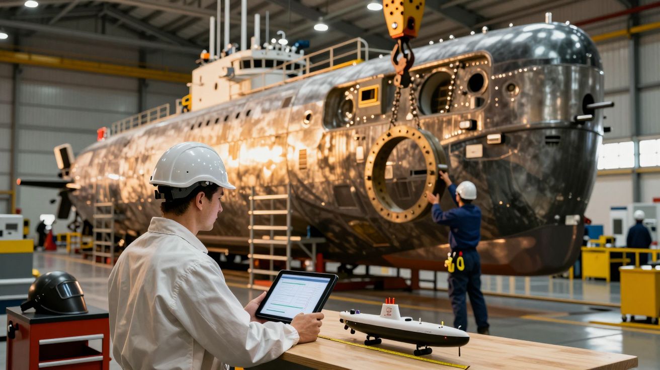 Mężczyzna w kasku nadzoruje budowę łodzi podwodnej w warsztacie, trzymając tablet.