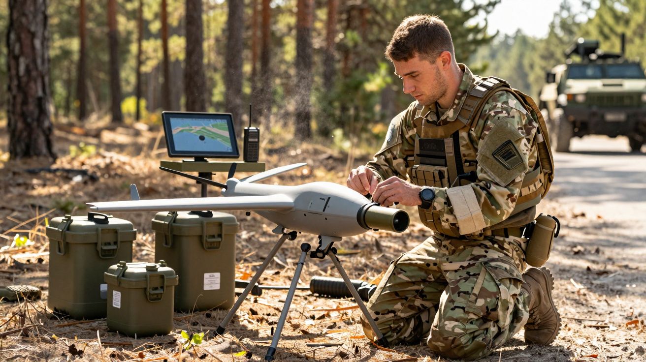 żołnierz obsługujący drona w lesie, otoczony sprzętem wojskowym i laptopem, w tle pojazd wojskowy.