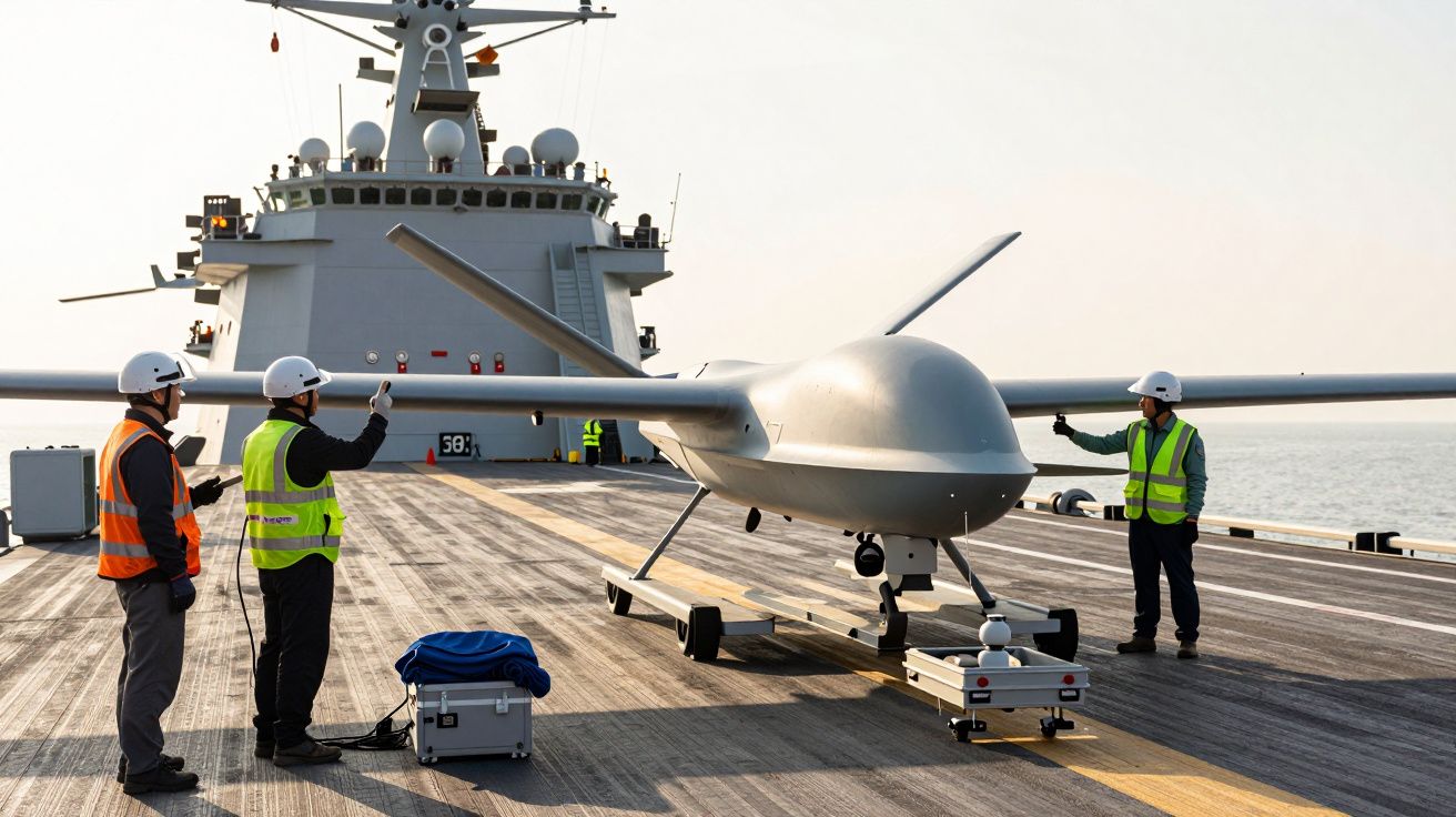 Osoby w kamizelkach odblaskowych przygotowujące dron na pokładzie statku wojskowego.