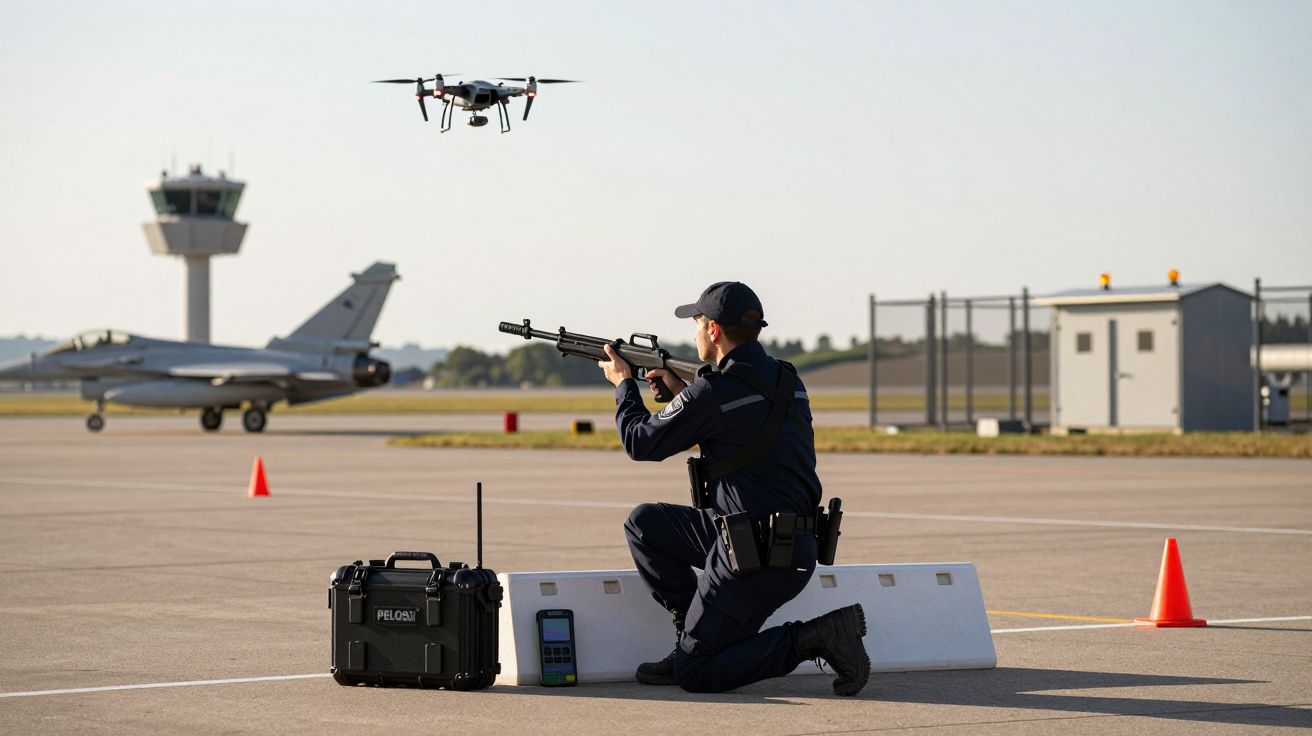 Funkcjonariusz kontroluje drona na lotnisku, używając specjalistycznego sprzętu; w tle myśliwiec i wieża kontrolna.