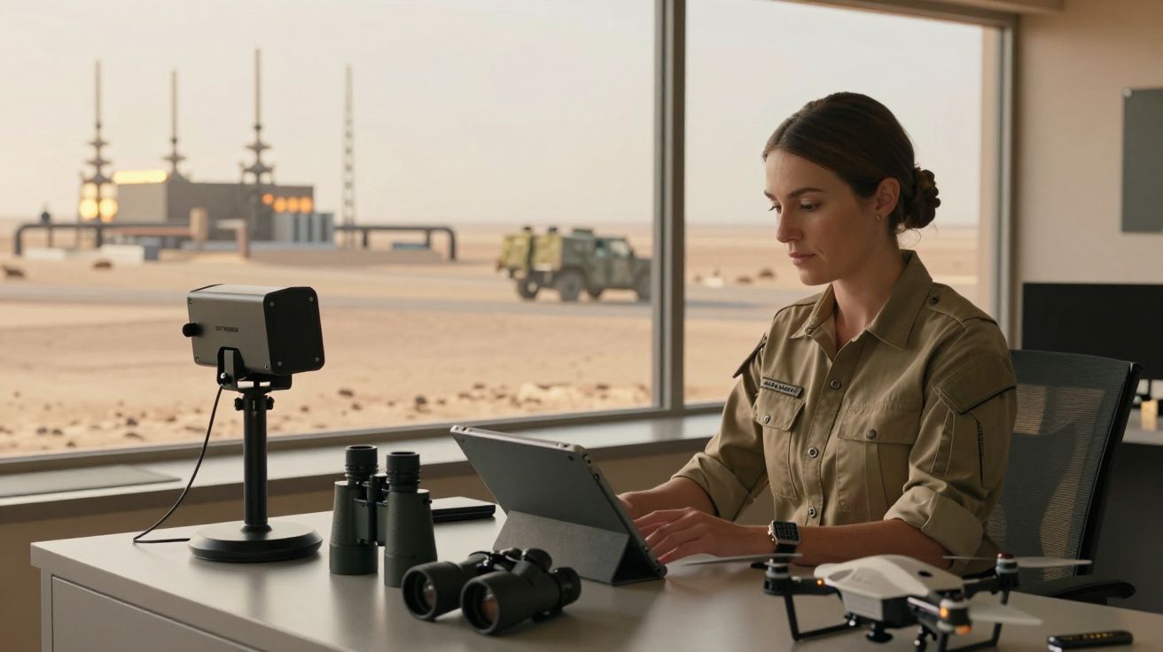 Kobieta w mundurze siedzi przy biurku z tabletem, obok dron i lornetki. Za oknem pustynia i budynek przemysłowy.