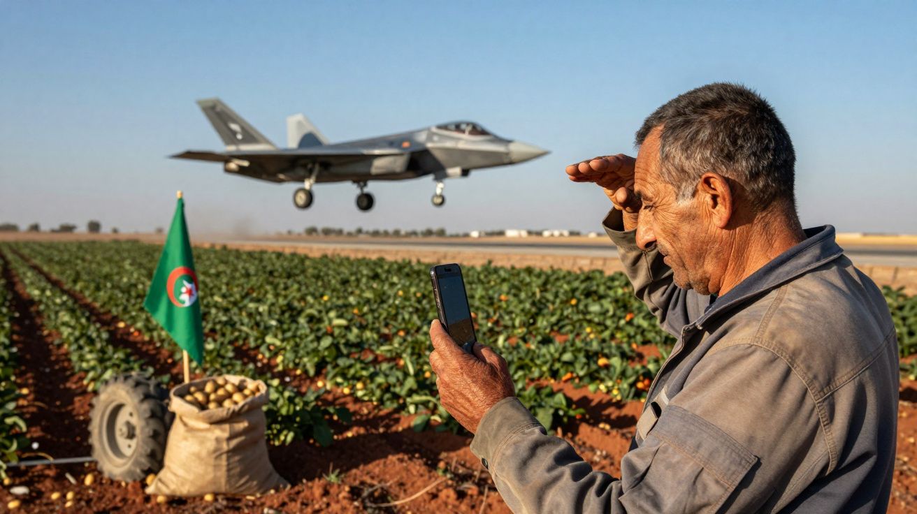 Mężczyzna robi zdjęcie samolotu nad polem uprawnym z workiem ziemniaków i flagą po lewej stronie.