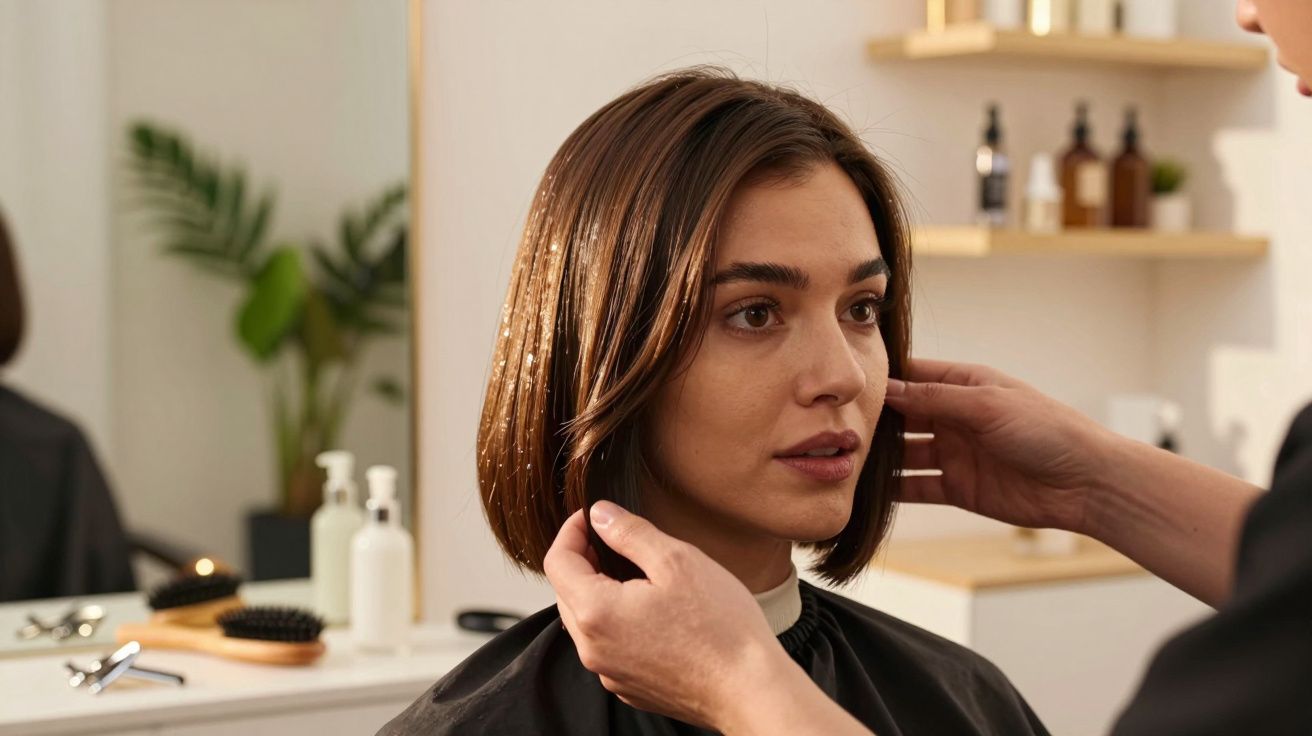 Kobieta w salonie fryzjerskim z krótkimi brązowymi włosami, fryzjer dotyka jej włosów.