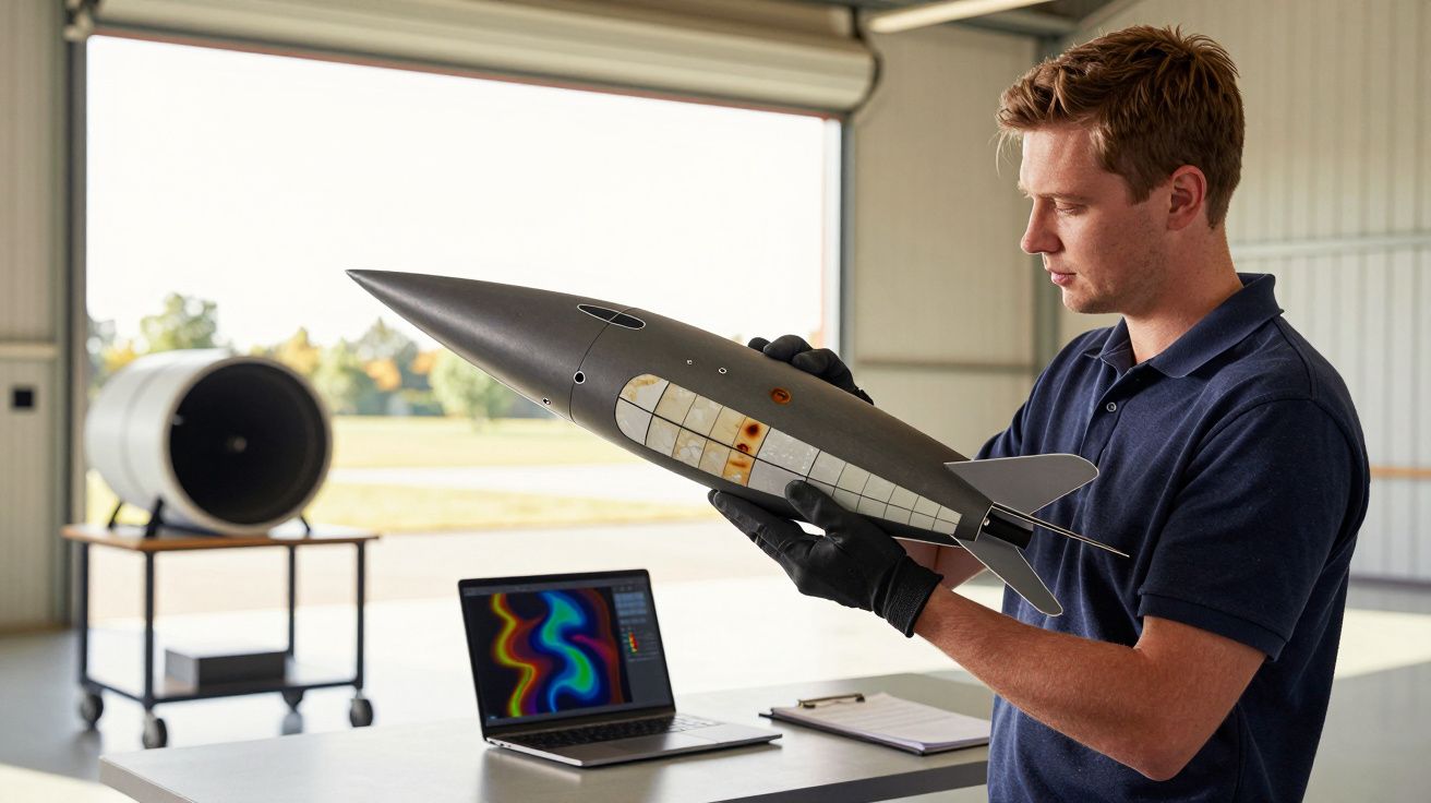 Mężczyzna w rękawiczkach trzyma model rakiety w laboratorium, w tle laptop z wykresami.