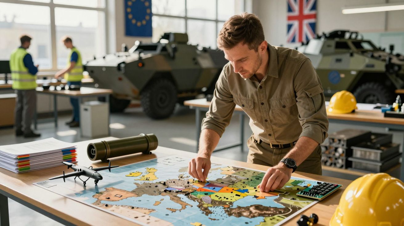 Mężczyzna pochyla się nad mapą na stole w biurze z pojazdami wojskowymi w tle, obok dron i kaski ochronne.