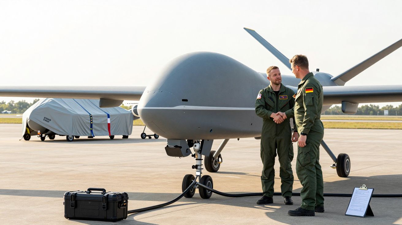 Dwóch żołnierzy w mundurach wojskowych podaje sobie ręce przed szarym dronem na płycie lotniska.