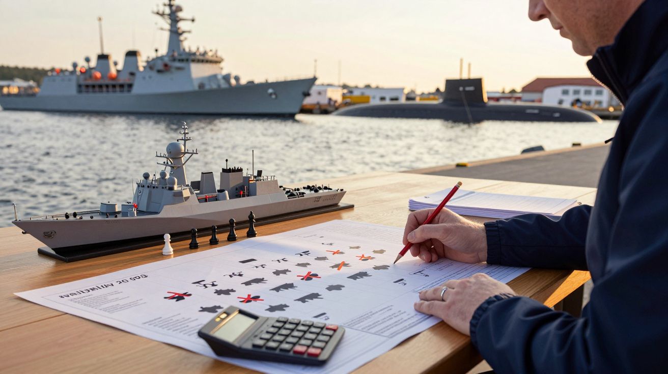 Osoba analizuje dane taktyczne nad wodą, obok modeli wojskowych statków, w tle prawdziwy okręt i łódź podwodna.