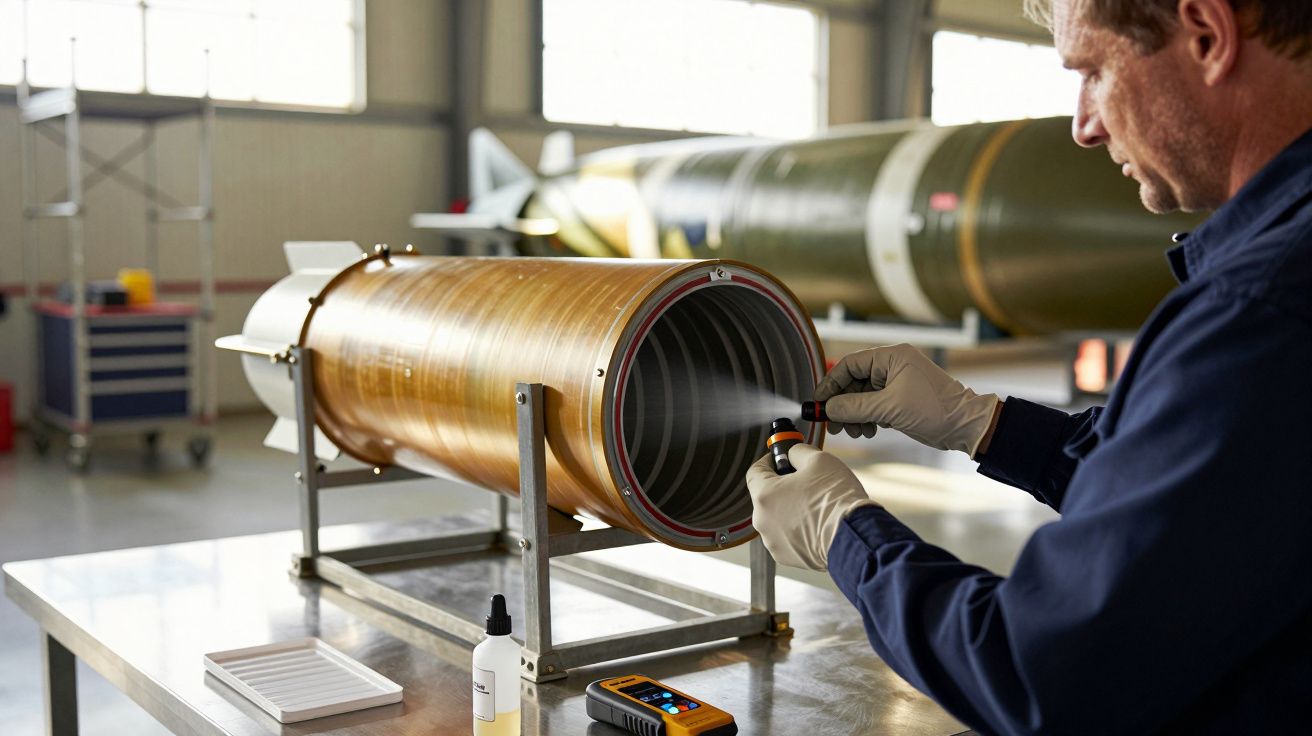 Mężczyzna w rękawiczkach bada wnętrze dużej metalowej rury przy użyciu urządzenia w warsztacie przemysłowym.