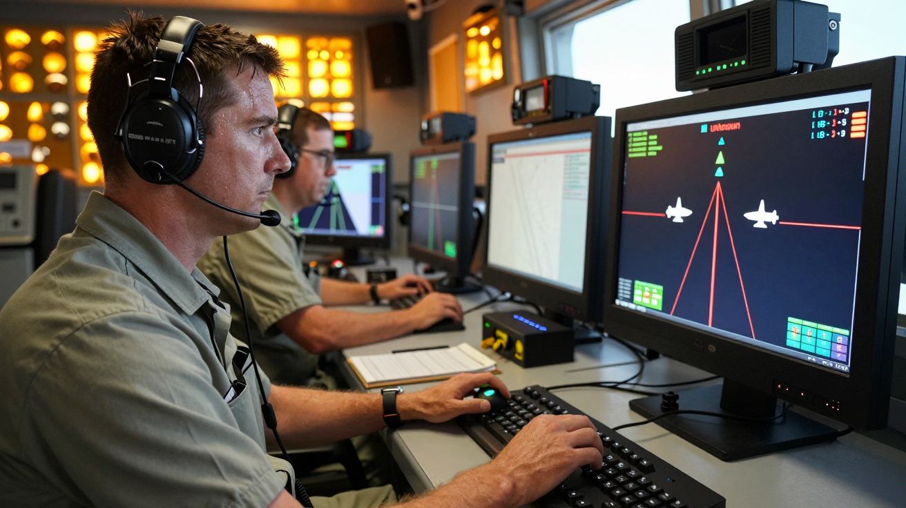 Dwóch mężczyzn przy komputerach monitoruje symulację lotniczą w centrum sterowania.